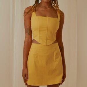 PEPPERMAYO 2PC Matching Set Bustier Corset Top Rooftop Mini Skirt Mustard Yellow